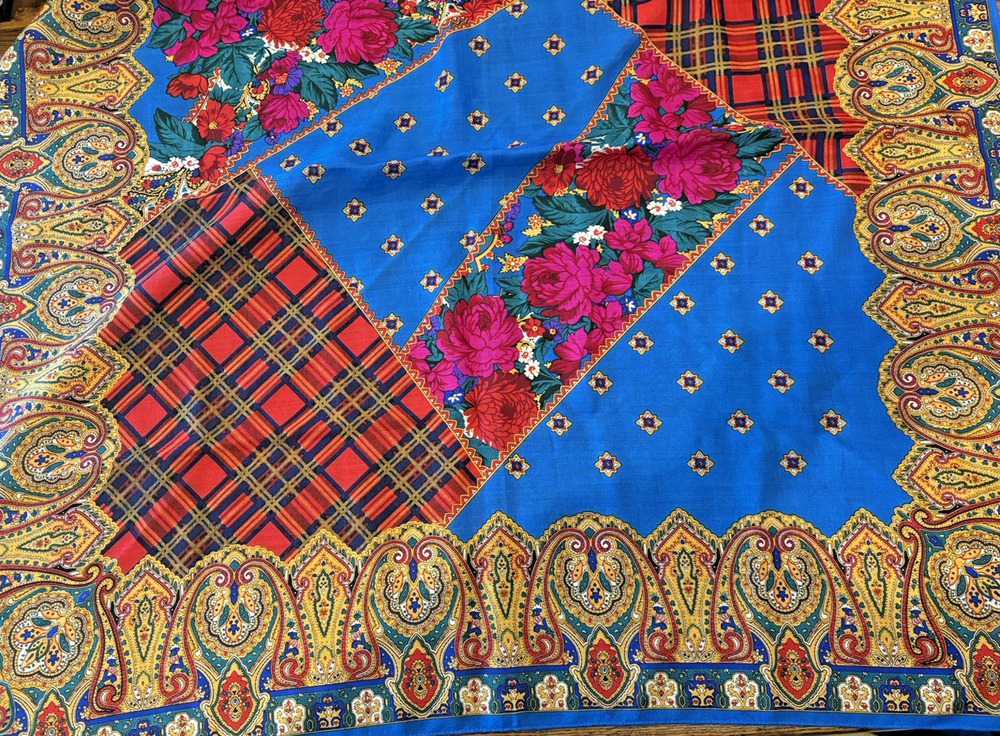 Echo Wool 34" Square Scarf Patchwork Red Plaid Pink Roses Paisley Border Vintage